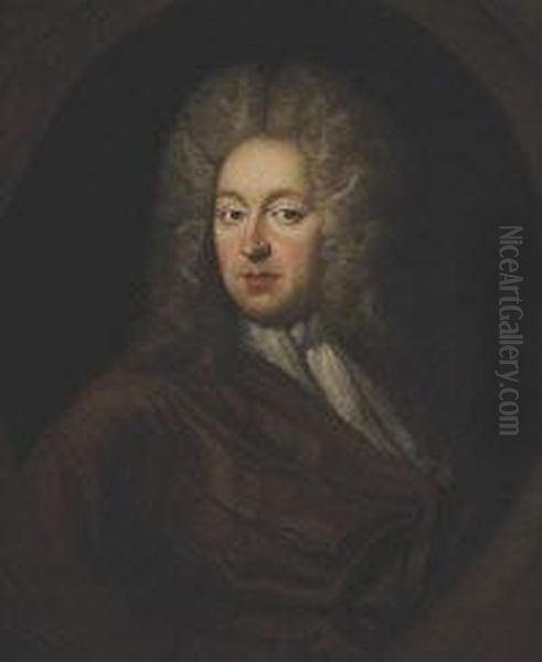 Portrait Of A Gentleman, Half Length, Wearing A Wig And Red Wrap, In A Painted Oval Oil Painting by Sir Godfrey Kneller