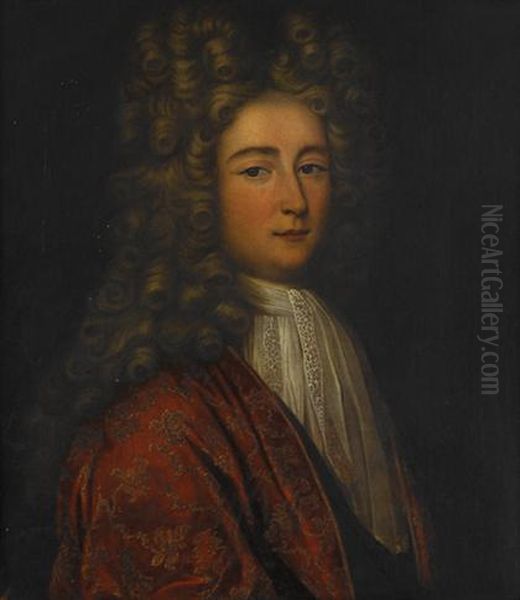 Portrait Of A Gentleman In A Red Brocade Coat by Sir Godfrey Kneller