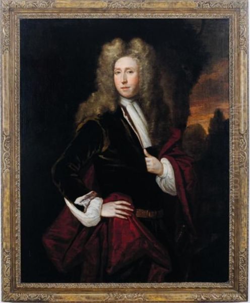 Portrait Of A Nobleman, Standing
 Three-quarter Length, Wearing A Green Coat With Red Shawl Oil Painting by Sir Godfrey Kneller