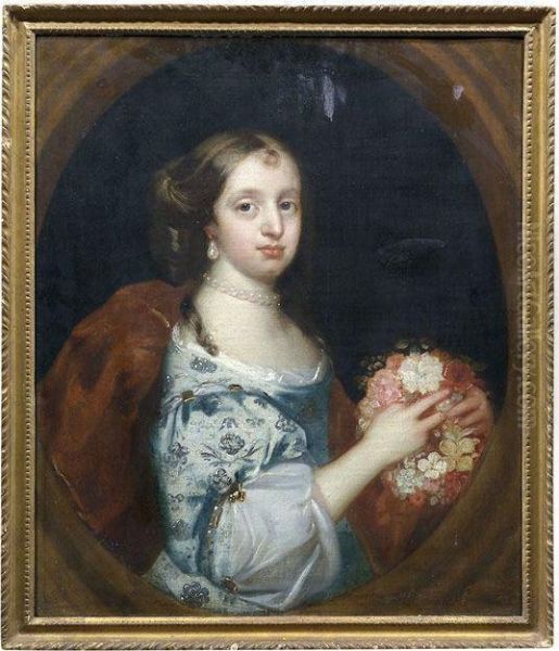 Bildnis Einer Jungen Damen Mit Perlenkette Und Einem Blumenkranz In Den Handen Oil Painting by Sir Godfrey Kneller