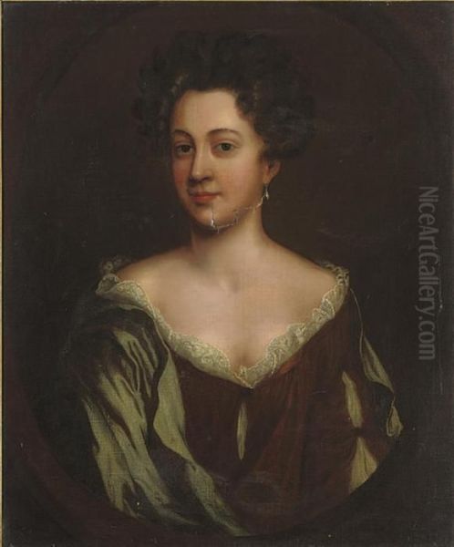 Portrait Of A Lady, Bust-length, In A Rust Dress And Blue Wrap, In A Feigned Oval Oil Painting by Sir Godfrey Kneller