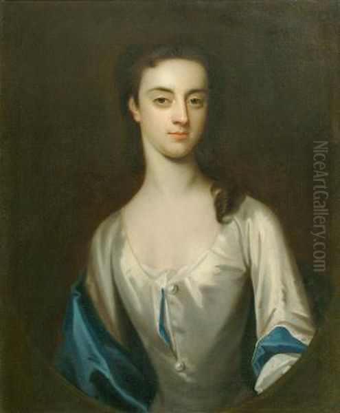 Portrait Of A Lady In A Blue And White Satin Gown Oil Painting by Sir Godfrey Kneller