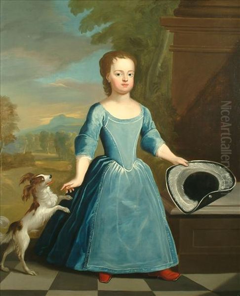 Portrait Ofchild With A Spaniel 
Full Length Standing, Wearing A Blue Dress Andholding A Plumed Hat Oil Painting by Sir Godfrey Kneller