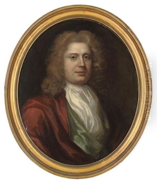 Portrait Of A Gentleman, Bust-length, In A Red And Green Coat Oil Painting by Sir Godfrey Kneller