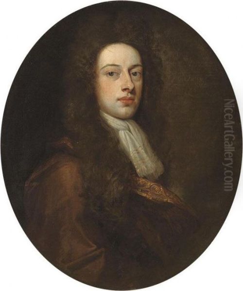 Portrait Of A Gentleman, Half-length, In A Brown Robe And Whitecravat Oil Painting by Sir Godfrey Kneller