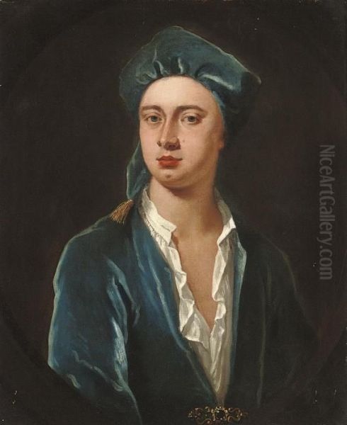 Portrait Of A Gentleman, Half-length In A Blue Velvet Coat Andinformal Cap Oil Painting by Sir Godfrey Kneller