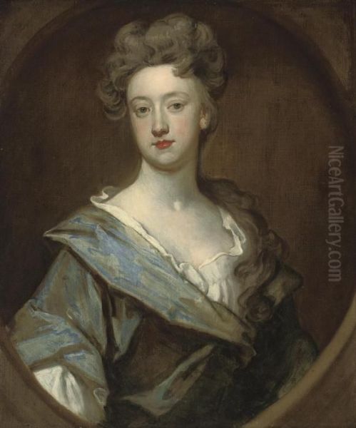 Portrait Of A Lady, Half-length, In A Blue Robe, In A Feignedoval Oil Painting by Sir Godfrey Kneller