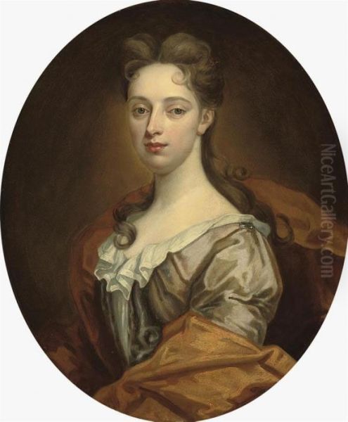 Portrait Of A Lady, Bust-length, In A Blue Dress And Ochrewrap Oil Painting by Sir Godfrey Kneller