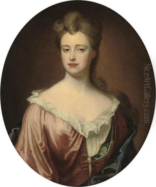 Portrait Of A Lady, Bust-length, In A Red Dress And Blue Wrap Oil Painting by Sir Godfrey Kneller