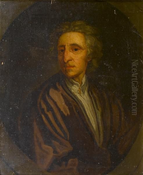 Portrait Of John Locke, 
Half-length, In Apurple Coat And A White Chemise, In A Painted Oval Oil Painting by Sir Godfrey Kneller