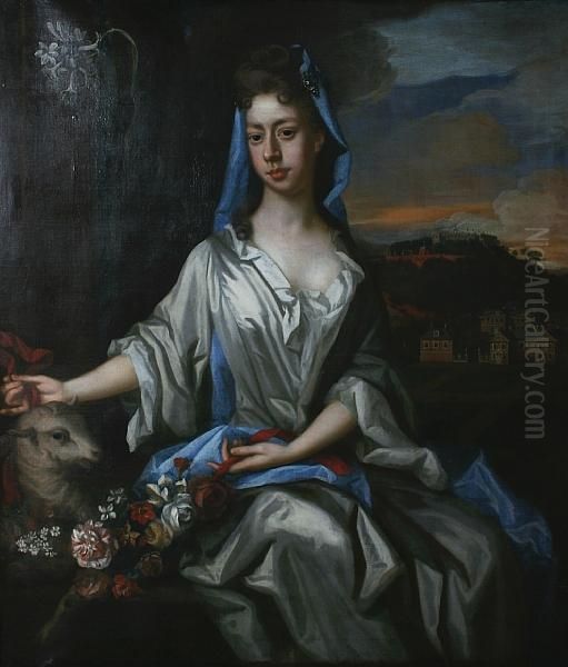 Portrait Of Catherine, First Duchess Ofrutland, Seated With A Lamb Before A Landscape Oil Painting by Sir Godfrey Kneller