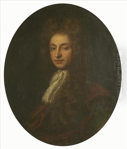 Portrait Of A Gentleman, 
Reputedly John Dryden, Half Length Wearinga White Stock And Red Cloak Oil Painting by Sir Godfrey Kneller