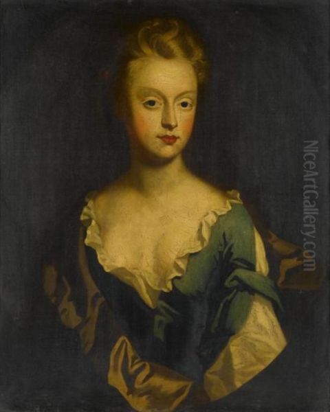 Kneller Portrait Of A Lady Bust Length In A A Blue Dress Oil Painting by Sir Godfrey Kneller