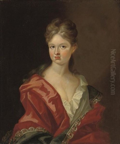 Portrait Of A Young Lady, Half-length, In A White Chemise And Redwrap Oil Painting by Sir Godfrey Kneller