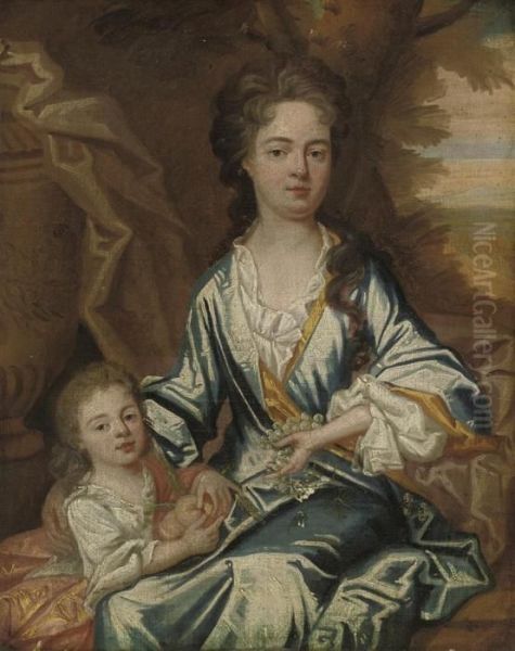 Portrait Of A Mother And Child, 
Three-quarter-length, The Former Ina Blue Dress, Grapes In Her Left 
Hand; The Latter With A Pink Wrap,holding Peaches, By An Urn, A 
Landscape Beyond Oil Painting by Sir Godfrey Kneller