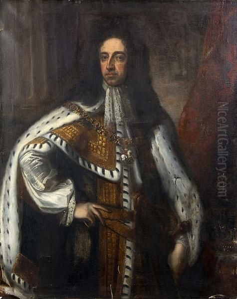 Portrait Of William Of Orange, Full Length,wearing Royal Robes Oil Painting by Sir Godfrey Kneller