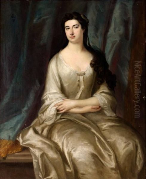 Kvinna I Vit Sidenklanning Oil Painting by Sir Godfrey Kneller