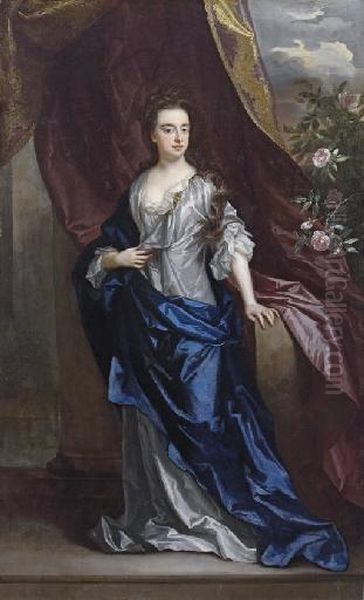 Portrait Of Elizabeth, Duchess 
Of Dorset, Full-length, In A White Dress With A Blue Wrap, Leaning On A 
Stone Pedestal With Her Left Hand, Beside A Draped Curtain Oil Painting by Sir Godfrey Kneller