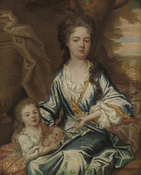 Portrait Of A Mother And Child, 
Three-quarter-length, The Former In A Blue Dress, Grapes In Her Left 
Hand; The Latter With A Pink Wrap, Holding Peaches, By An Urn, A 
Landscape Beyond Oil Painting by Sir Godfrey Kneller