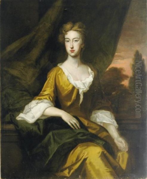 Portrait Of A Lady In A Saffron Dress, Seated Three-quarter Length, In A Landscape Oil Painting by Sir Godfrey Kneller