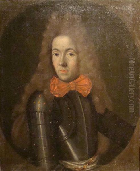 Portrait Of A Gentleman, Long 
Bust Length, Wearing Armour And A Red Cravat Tied In A Bow, A Painted 
Oval Oil Painting by Sir Godfrey Kneller