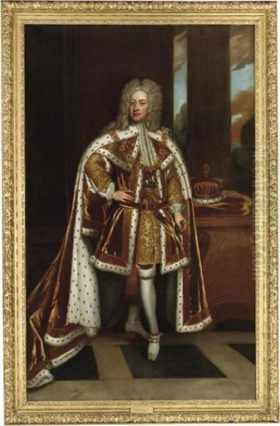 Portrait Of King George Ii When 
Prince Of Wales (1683-1760), Full-length, In Robes Of State And Wearing 
The Collar Of The Garter, Holding His Sword In His Left Hand And With 
His Coronet As Prince Of Wales On A Stone Table To His Left Oil Painting by Sir Godfrey Kneller