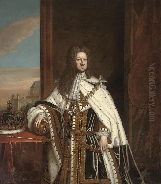 Portrait Of King George I, 
Three-quarter-length, In Robes Of State, Wearing The Collar Of The 
Garter With His Hand On The Orb, The Crown And Sceptre On A Table To His
 Right, The East End Of Westminster Abbey And St. Stephen's Chapel 
Beyond Oil Painting by Sir Godfrey Kneller