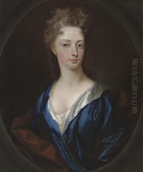 Portrait Of A Lady, Bust-length, In A Blue Dress And Rust Wrap, In A Feigned Oval Oil Painting by Sir Godfrey Kneller