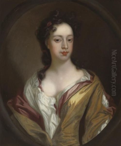 Portrait Of A Lady, Bust-length,
 In Yellow And Pink Classical Dress, With A White Chemise, Pink Ribbon 
In Her Hair, In A Feigned Oval Oil Painting by Sir Godfrey Kneller