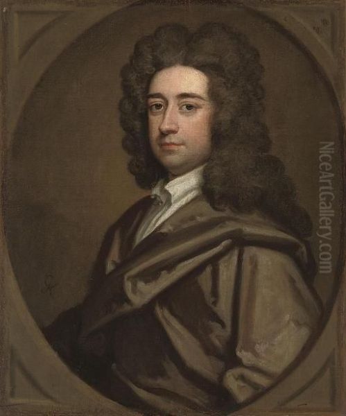 Portrait Of Thomas Pelham Of Lewes, Bust-length, In A Brown Robe, In A Feigned Oval Oil Painting by Sir Godfrey Kneller