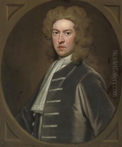 Portrait Of Sir Thomas Pelham Of
 Laughton, 1st Bt. (1653-1756), Bust-length, In A Grey Coat, In A 
Feigned Oval Oil Painting by Sir Godfrey Kneller