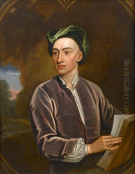 Portrait Of Alexander Pope, 
Half-length, In A Mauve Velvet Coat And Green Velvet Turban, Holding A 
Book, A Landscape Beyond, In A Painted Casement Oil Painting by Sir Godfrey Kneller