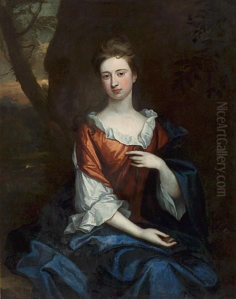 A Portrait Of A Lady, 
Three-quarter Length, Seated In A Landscape, Wearing A Red Gown And Blue
 Wrap Oil Painting by Sir Godfrey Kneller