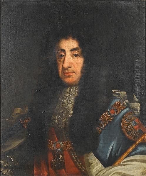 Portrait Of Charles Ii, Bust-length, Wearing The Chain Of The Order Of The Garter Oil Painting by Sir Godfrey Kneller