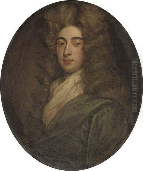 Portrait Of A Gentleman, 
Traditionally Identified As Thomas Hanmer, Bust Length, In A Blue Robe 
And White Cravat Oil Painting by Sir Godfrey Kneller