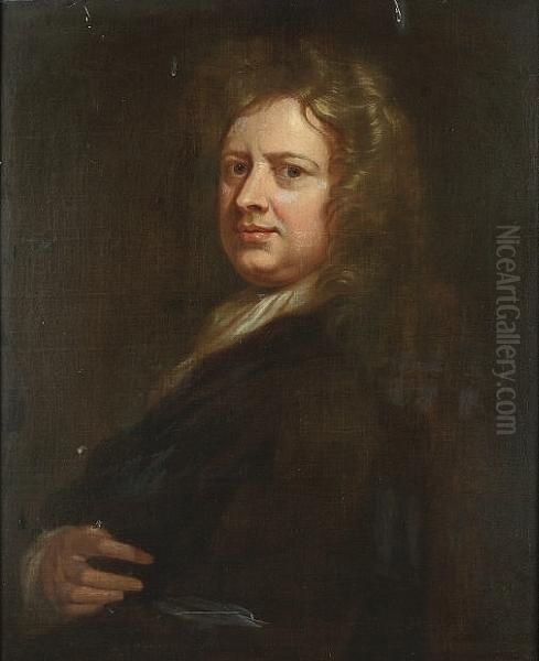 Portrait Of Thomas Betterton, Half-length, In A Dark Brown Coat With A White Jabot Oil Painting by Sir Godfrey Kneller