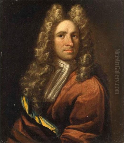 A Portrait Of A Gentleman, Half Length, Wearing A Red Coat With A White Shawl And A Wig Oil Painting by Sir Godfrey Kneller