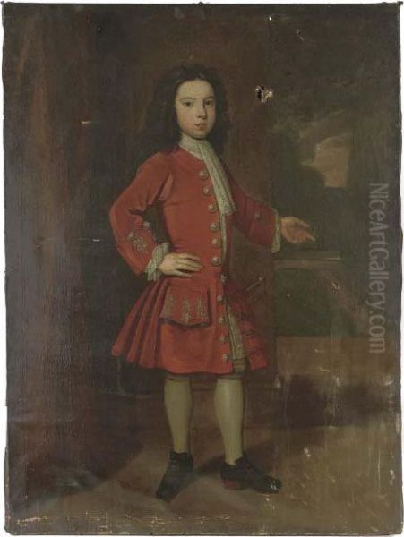 Portrait Of The Duke Of 
Roxburghe As A Young Boy, Full-length, Wearing A Red Coat With White 
Lace Jabot, Pointing To A Garden In The Distance Oil Painting by Sir Godfrey Kneller