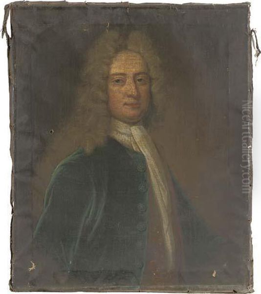 Portrait Of A Gentleman, 
Presumably Of The Mostyn Family, Bust-length, In A Blue Coat With 
Embroidered Waistcoat And White Stock Oil Painting by Sir Godfrey Kneller