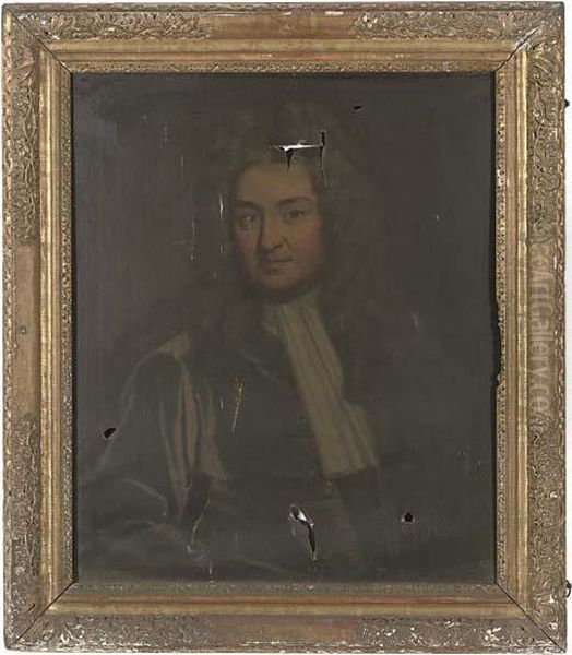 Portrait Of A Gentleman, Half-length, In A Blue Coat And White Cravat Oil Painting by Sir Godfrey Kneller