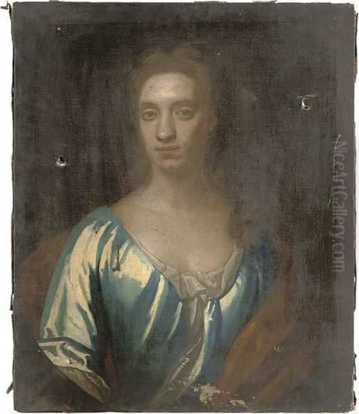 Portrait Of A Lady, Presumably 
Of The Mostyn Family, Bust-length, In A Blue Dress With Orange Shawl Oil Painting by Sir Godfrey Kneller