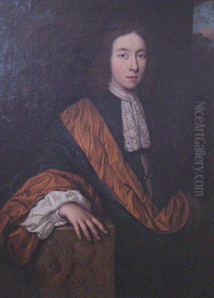 Portrait Of Agentleman, Three Quarter Length, Wearing Blue And Gold Robes Oil Painting by Sir Godfrey Kneller