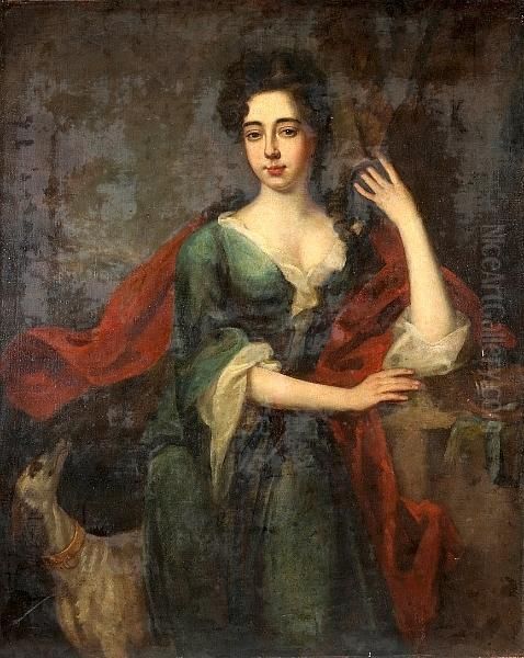 A Portrait Of A Lady, 
Three-quarter Length, Leaning On A Balustrade, With A Dog At Her Feet Oil Painting by Sir Godfrey Kneller