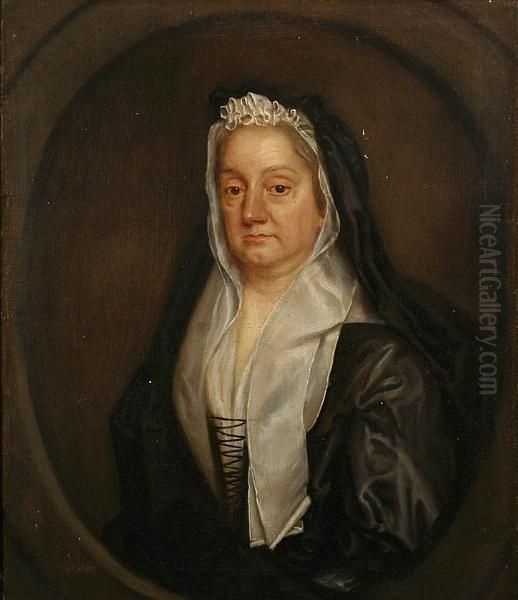 A Portrait Of Lady Isabella Turnor, Half Length In Black Gown, Within A Painted Oval Oil Painting by Sir Godfrey Kneller