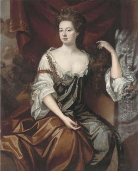 Portrait Of A Lady, Seated 
Half-length, In A Green Dress With A Brown Wrap, A Landscape Beyond Oil Painting by Sir Godfrey Kneller