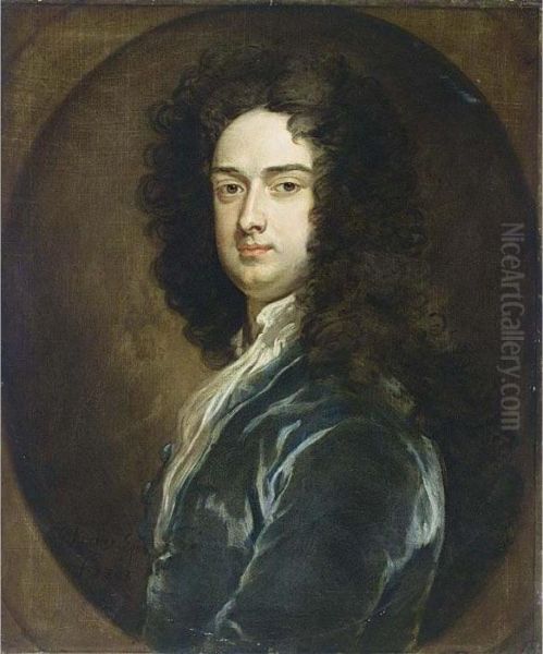 A Portrait Of A Gentleman, Bust 
Length, Wearing A Blue Coat With White Chemise, In A Painted Oval Oil Painting by Sir Godfrey Kneller