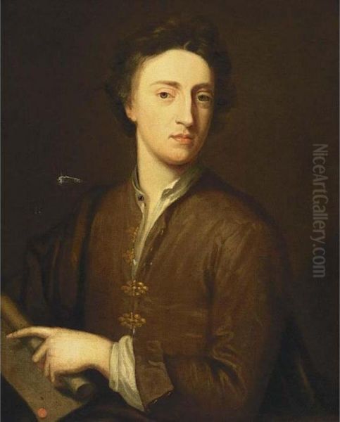 A Portrait Of A Gentleman, Half 
Length, Wearing A Brown Coat And A White Chemise, Holding A Letter In 
His Left Hand Oil Painting by Sir Godfrey Kneller