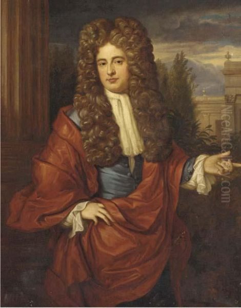 Portrait Of A Gentleman, 
Half-length, In A Blue Jacket And Red Cloak, With A Building Beyond Oil Painting by Sir Godfrey Kneller