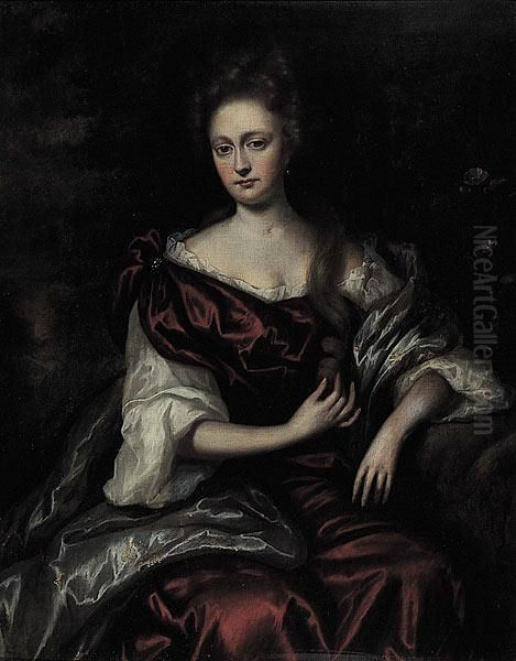 A Portrait Of A Lady In A Red Dress Oil Painting by Sir Godfrey Kneller