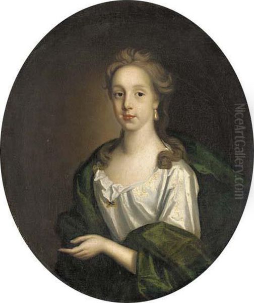 Portrait Of Sophia Colston, Half-length, In A White Dress And Green Wrap, Oval Oil Painting by Sir Godfrey Kneller